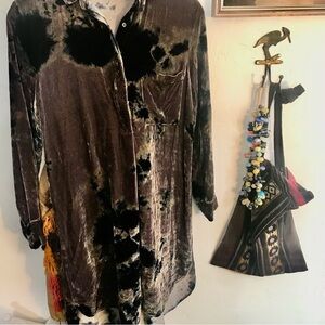 VELVET TIE DYE SHIRT DRESS EUC taupe navy blue size small silk viscose velour